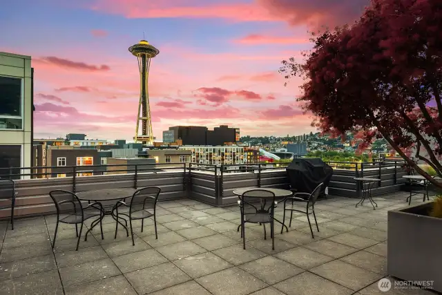 The rooftop deck has front row seats to the Space Needle.