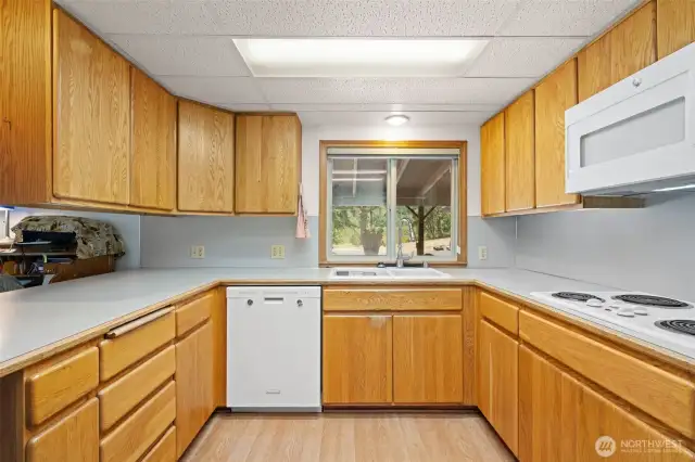 Kitchen with lots of prep room, cabinets and storage.