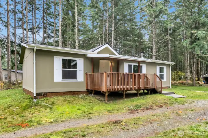 Front entry with deck and sidewalks