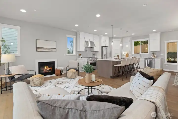 Great room on main level with cozy gas fireplace.