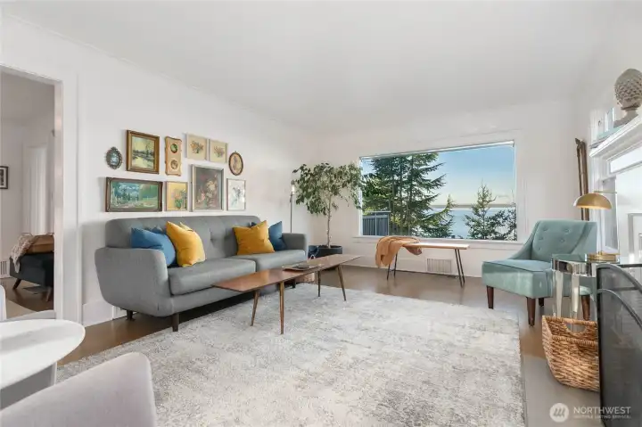 Another view of the living room capturing the stunning water view