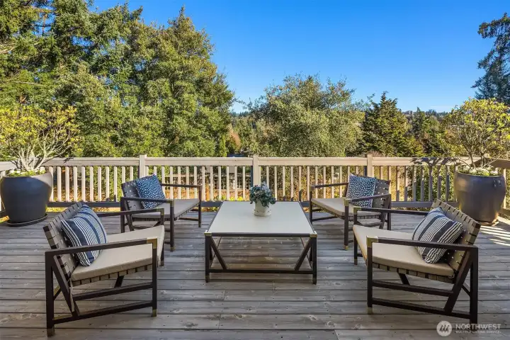 Out back, a private yard frames serene views of verdant Clyde Hill — lush green by day, and genuinely starlit by night.