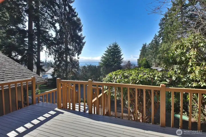 Facing West, there are views of the Sound, Olympic Mountains and Shipping Lanes from the front deck and Living Room Upstairs!