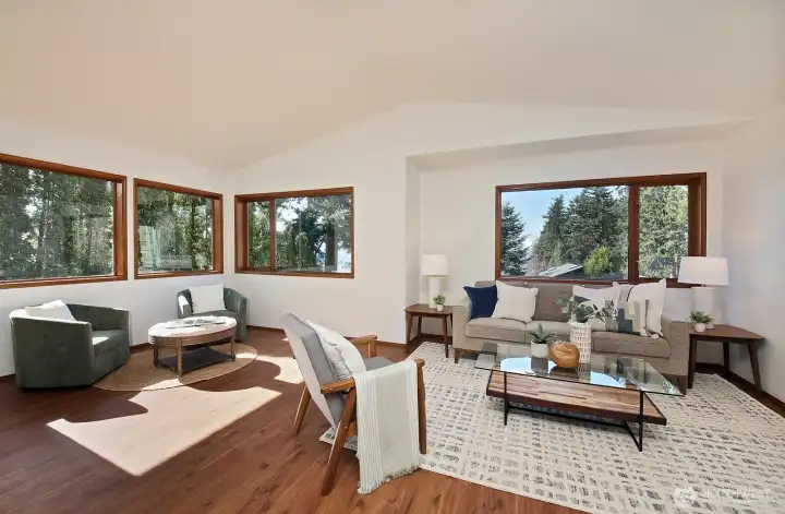 The ceilings are vaulted and there are lots of windows for light and to enjoy the view!