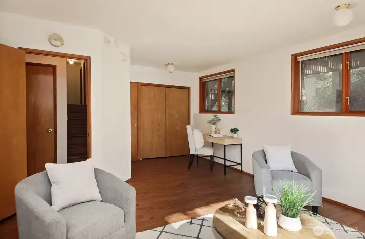 There is a storage closet under the stairs and the lower has a spacious closet as well.