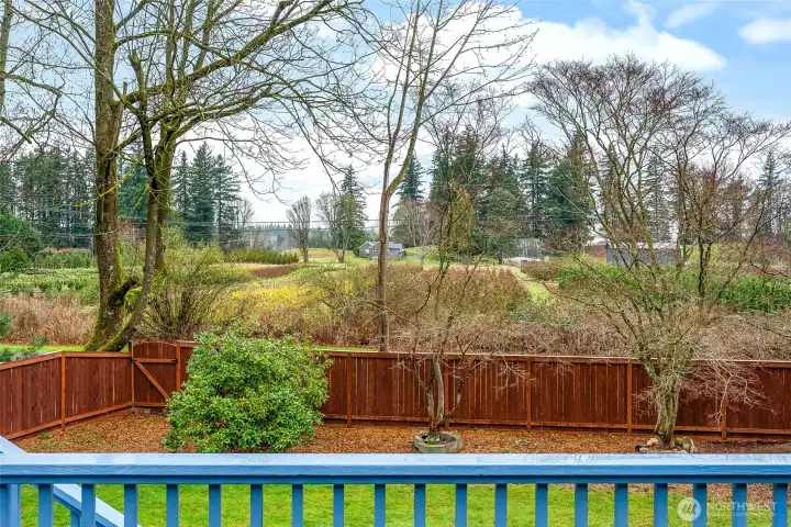 Beautiful mature landscaping and views to the neighboring specialty tree farm.