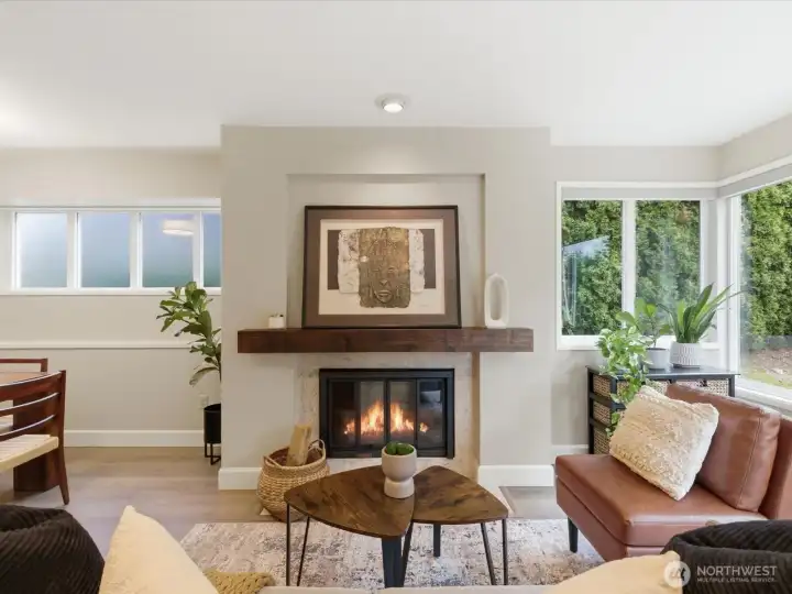 Large, wood-burning fireplace