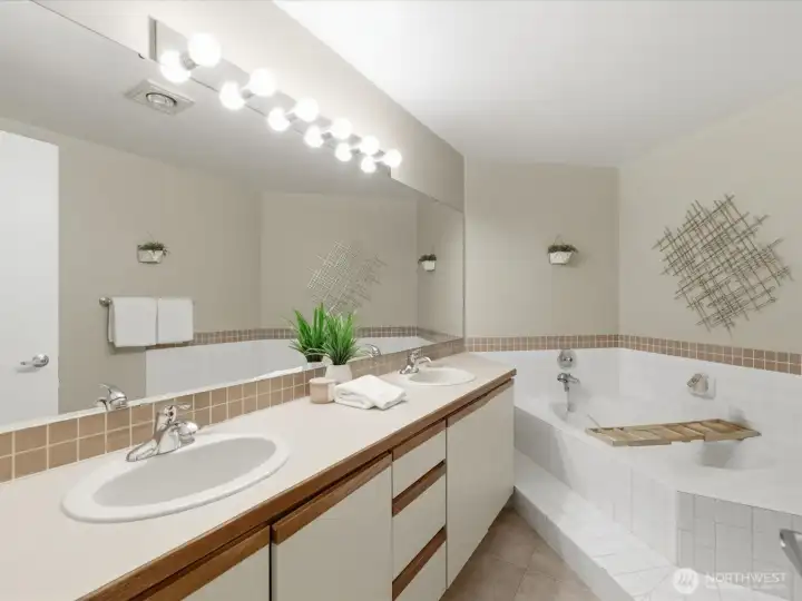 Primary Bathroom with Large Soaking Tub and Double Sink Vanity Primary Bathroom with Large Soaking Tub and Double Sink Vanity
