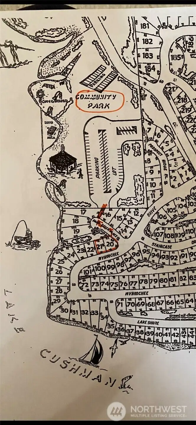 Lot 21 and 20- red outline shows how close the trail is to the community beach!
