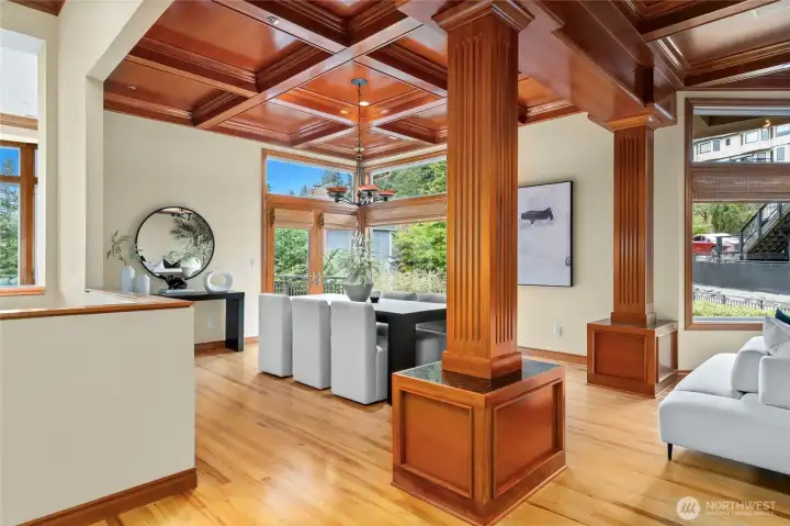 Elegant coffered ceilings in the formal rooms.