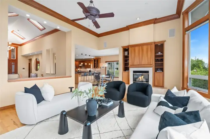 Exquisite cabinetry and a welcome fireplace.