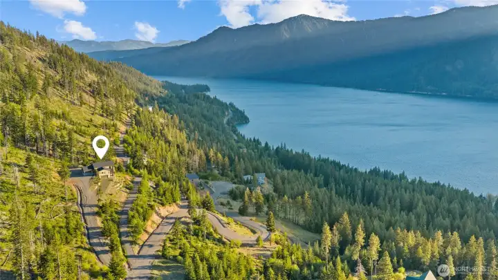 Aerial view of this stunning mountain retreat.