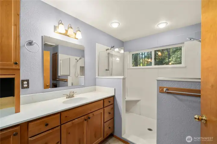 Primary bath with oversized walk-in shower, generous vanity space, and built-in storage