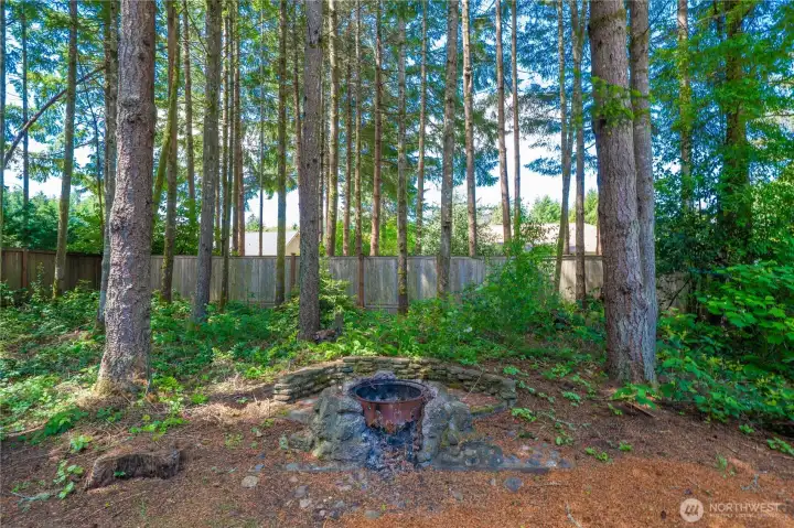 Firepit area tucked among the trees, creating a peaceful backyard retreat