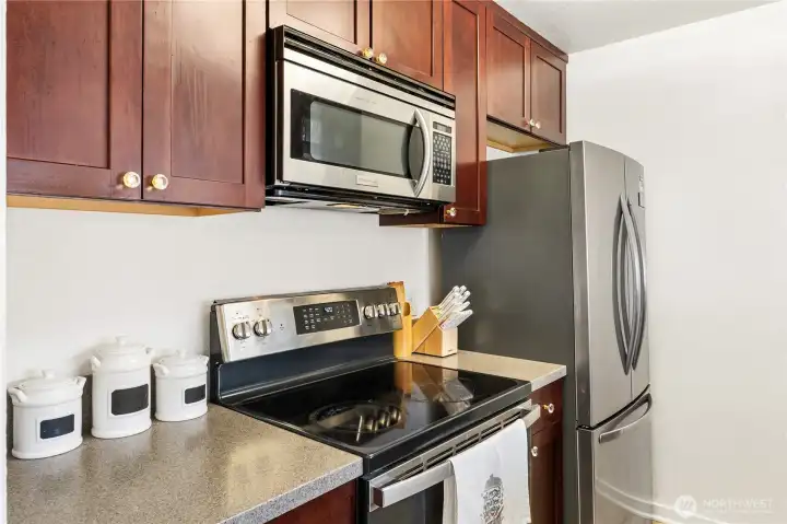 This kitchen is equipped with all Stainless steel appliances. French door refrigerator & icemaker, Glass top electric range, microwave, and dishwasher. This kitchen is equipped with all Stainless steel appliances. French door refrigerator & icemaker, Glass top electric range, microwave, and dishwasher.