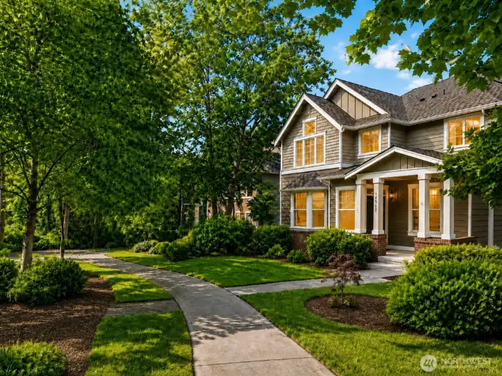 Welcome to your storybook park-like entry with lush landscaping and a winding sidewalk
