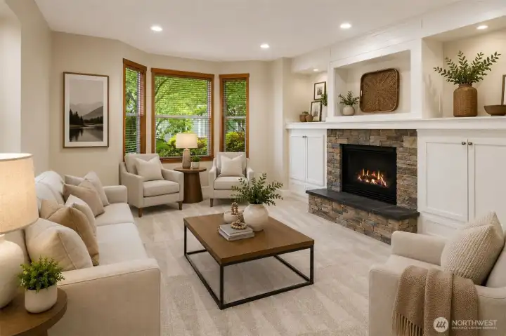 Large living room with plenty of room to entertain guests in front of the cozy gas fireplace (virtually staged)