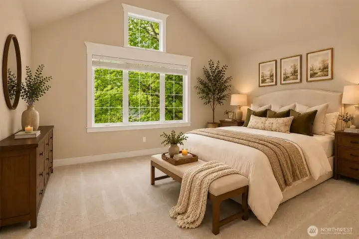 Feel transported in your primary suite with mature trees outside the large windows and vaulted ceilings (virtually staged)