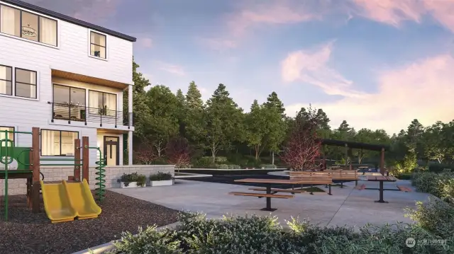 Rendering of community playground with picnic tables and covered area