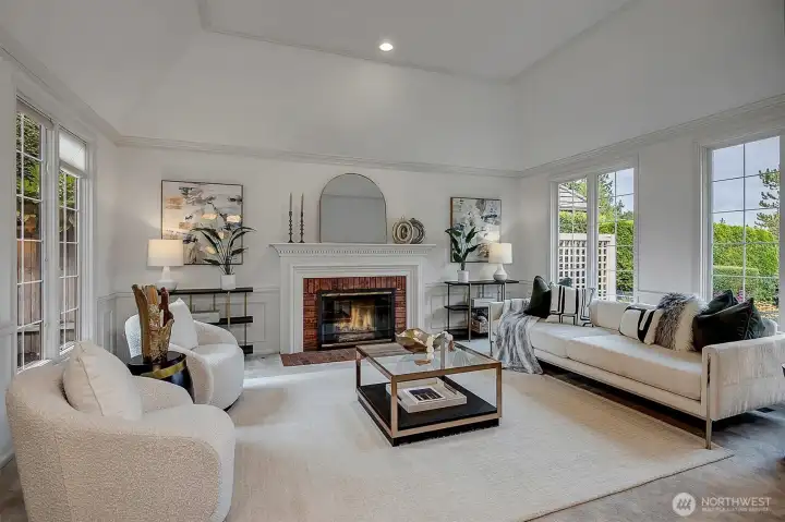 Light filled living room with vaulted ceilings