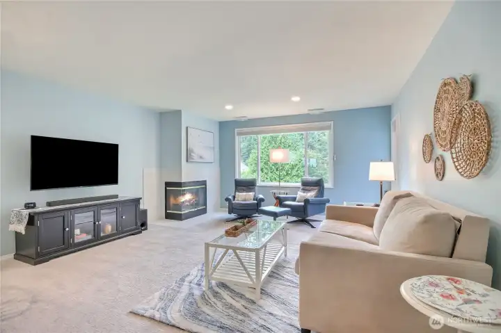 Living room with sun screen and private  deck access. Simulated fire.