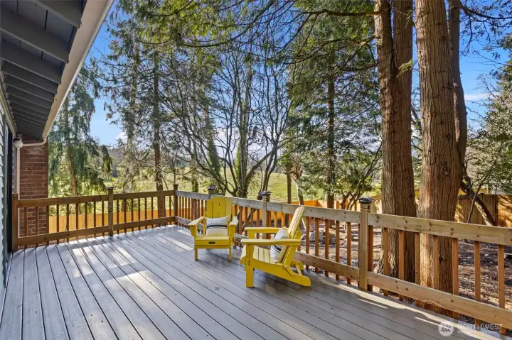 An expansive entertainment sized deck with new all weather treads overlooks the private backyard and neighboring park.