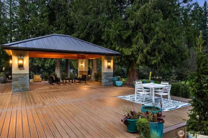 A cozy space to gather in the evening with shadow landscape lighting