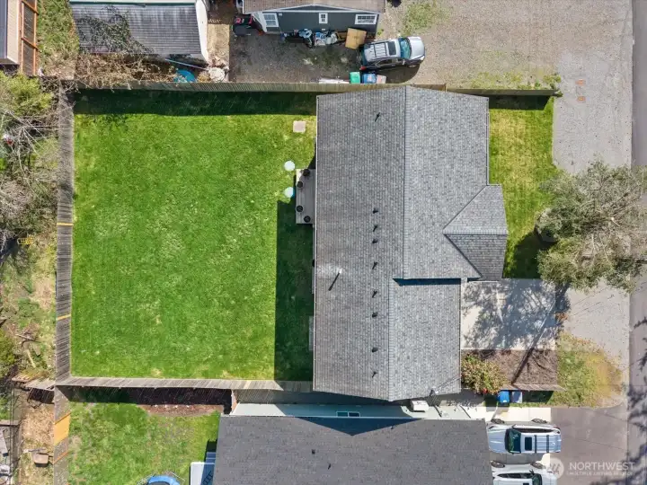 Aerial view of home. 7,400 sqft lot.