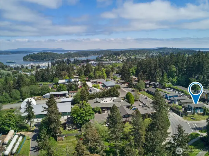 The location pin marks Unit A's prime position within this sought-after complex — ideally situated near the corner for added privacy, with nearby parking, mature trees, and quick access to Park Street and downtown Friday Harbor.