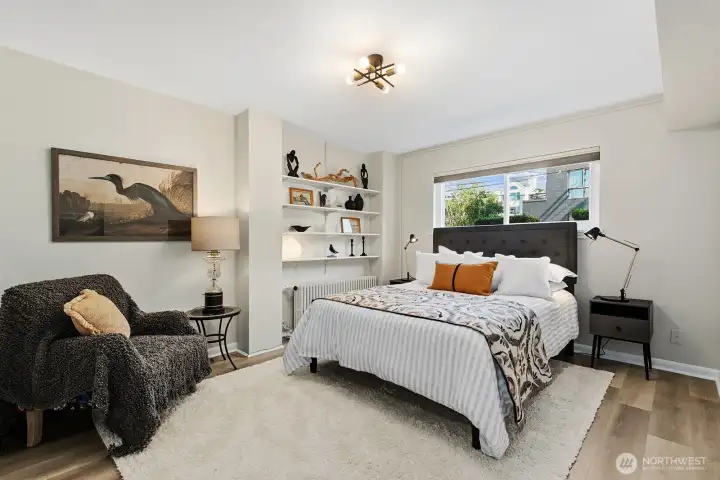 The large bedroom is equipped with two large closets and can easily accommodate a king-sized bed.
