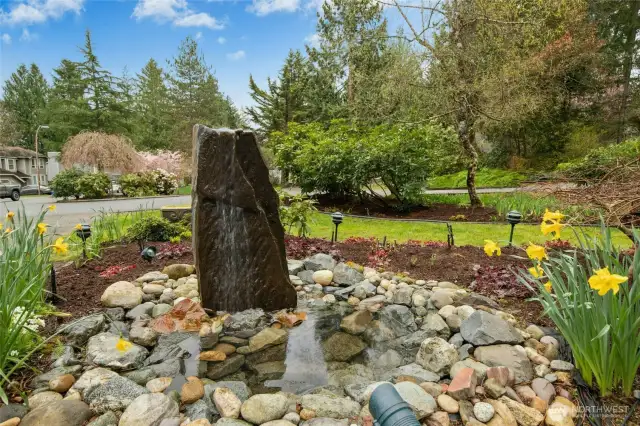 Beautiful water feature as you approach the front door with soothing water sounds and exterior landscape lighting.