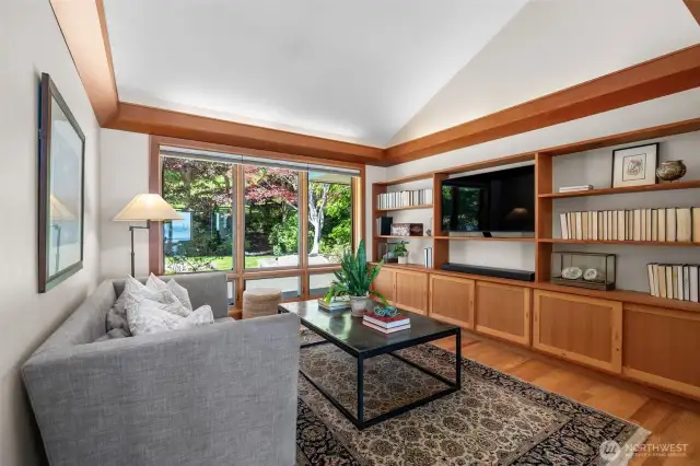 Private, tucked away family room with VG fir cabinetry salvaged from a Bloedel Reserve Tea House!