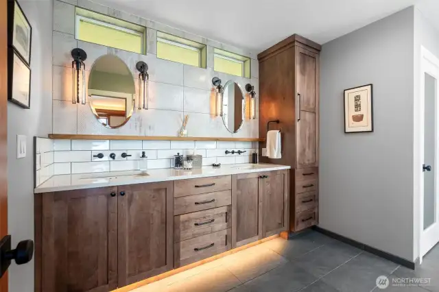 Sublime primary bathroom with heated floors, designer tile, and Restoration Hardware fixtures and lighting.
