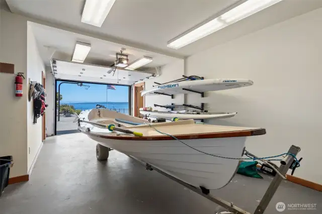 Boat garage with automatic roll up doors.