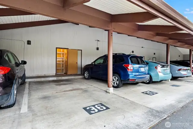 #36 is the covered space with the door open to it's dedicated storage locker.