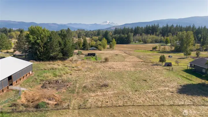 From the upper pasture a good view of Mt. Baker from a second story of the new house - projecting into the future!