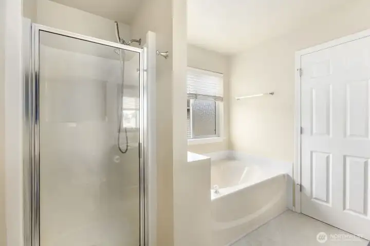 Shower plus soaking tub in primary bath.