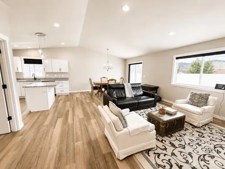 Living room into Dining and Kitchen