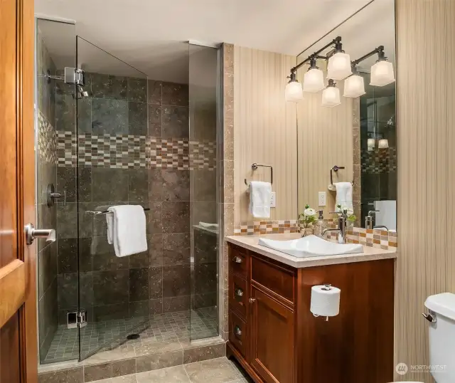 A 3/4 bathroom on the lower level is perfect for guests.