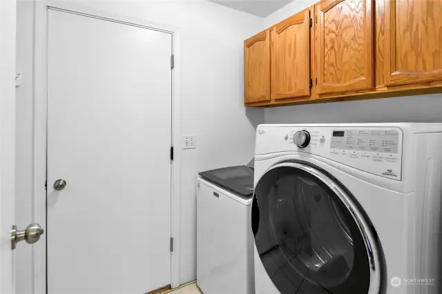 The utility room is between the kitchen eating space and garage.