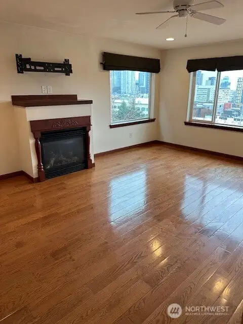 One of the two upper bedrooms with views and a fireplace