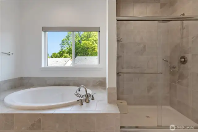 Fully tilted shower and large tub.