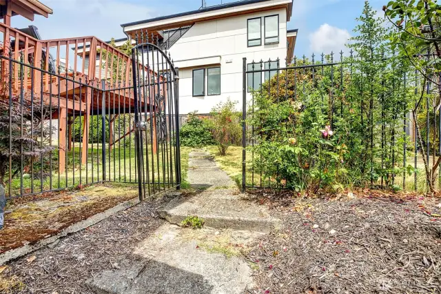 Expensive wrought iron fencing defines the yard spaces. This is the North property boundary.