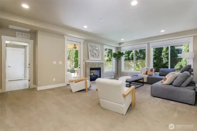 Large family room at lower level with double side fireplace to covered patio
