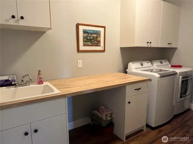 Large laundry room with extra sink and folding countertop.