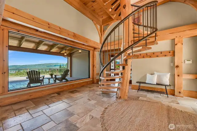 Spiral timber staircase leads to view tower