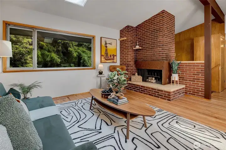 Wood fire place and refinished Oak floors.