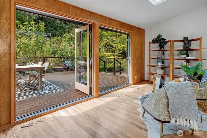 Open the French doors to connect your living room with back deck.