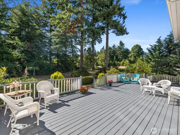 Huge newly restored & refinished Deck - great for entertaining & gatherings - overlooks the huge Backyard & sprawling 5 Acre property.
