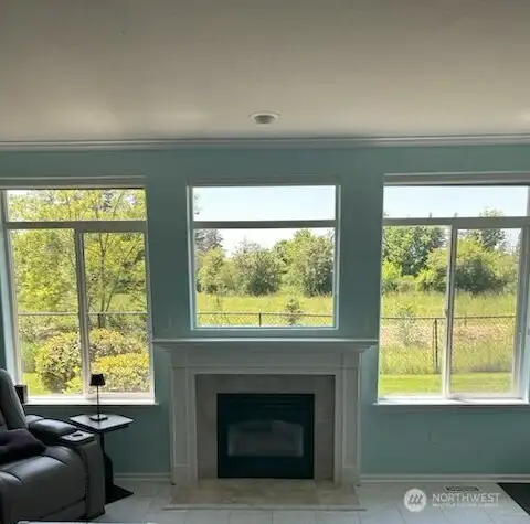 Cozy gas firpeplace in the living room. Look at that view! No other houses or neighbors, just nature.